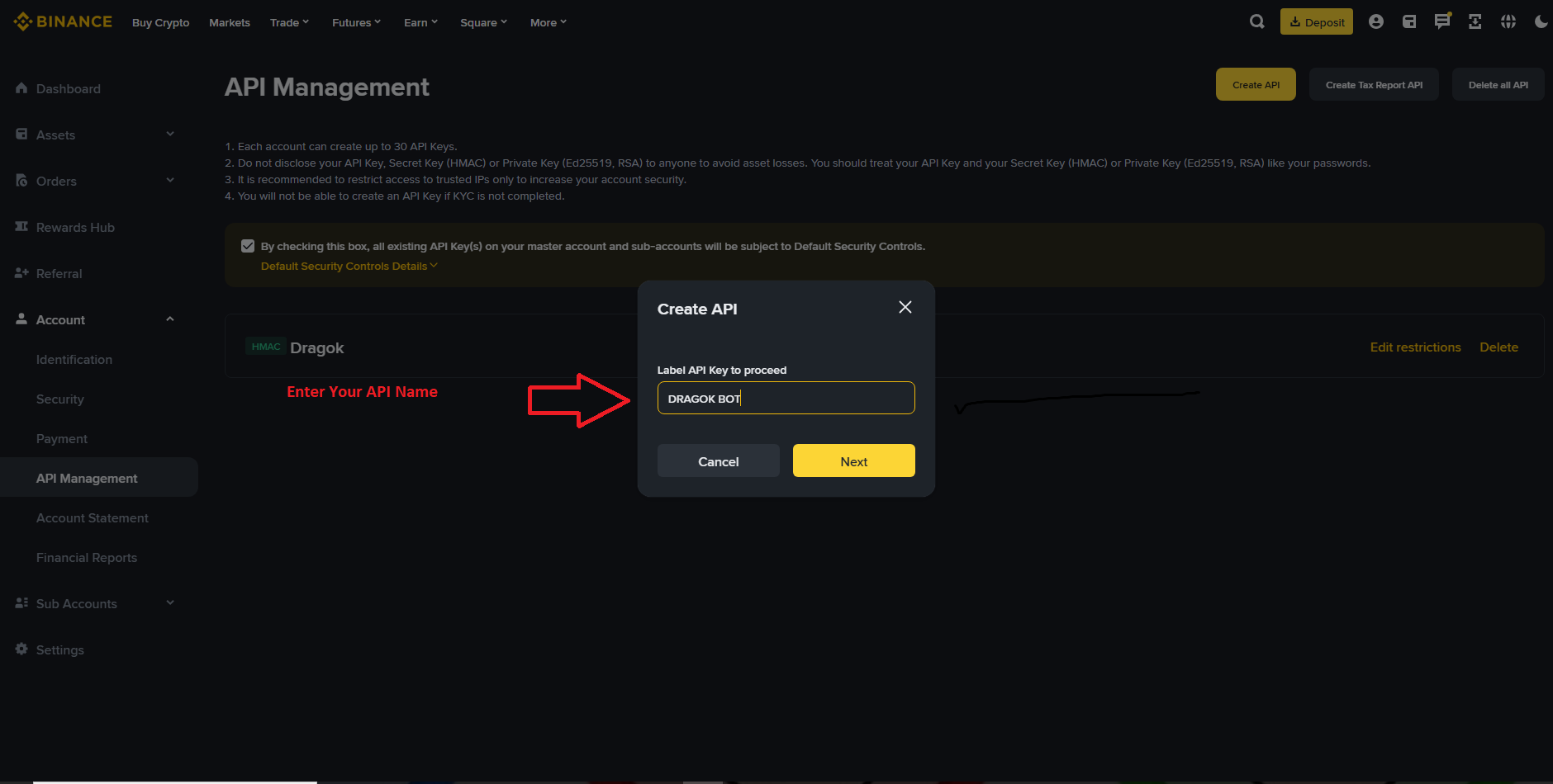 Binance API Management Menu